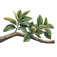 Watercolor painting of a tree branch with lush green leaves isolated on white background.