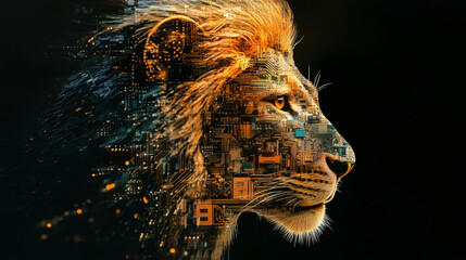 Leinwandbilder - Majestic lion's head created with intricate electronic circuitry, merging nature with technology