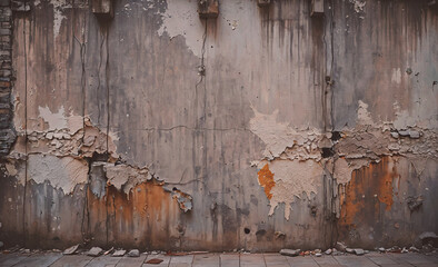 Poster - Wall with a lot of paint peeling off. The wall is made of concrete. There are some holes in the wall