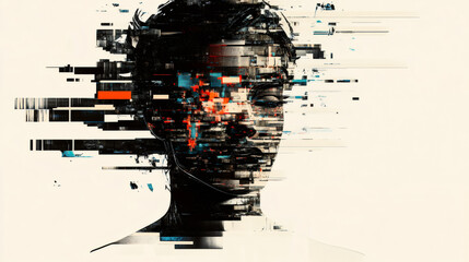 Poster - Portrait of a woman transforming into pixels, depicting the influence of technology on identity in the digital era