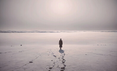 Aufkleber - Person is standing in the snow on a beach. The sky is cloudy and the sun is setting
