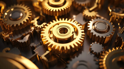 Aufkleber - Interlocking golden gears are rotating, symbolizing teamwork, precision, and the complexity of a well-oiled machine