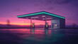 © Infinity Lens - Empty gray and green neon glowing petroleum gas station building at night or in evening with purple pink and orange sunset twilight dusk sky. transportation gasoline pump for fuel, travel business.