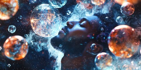 Poster - Enigmatic journey of a beguiled black man in a hypnotic prismatic domain filled with luminous spheres