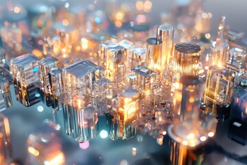 Poster - Nanobots creating self-assembling microscopic landscapes futuristic environments digital art abstract viewpoint metallic and electric aesthetics
