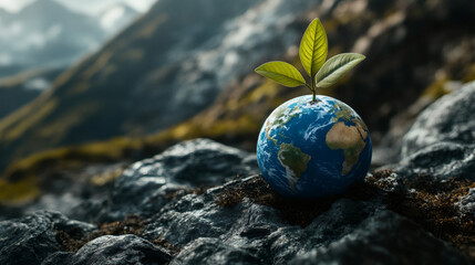 Poster - Plant growing from globe on rocks, representing environmental conservation and sustainability