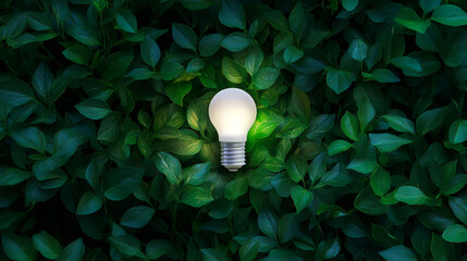 Poster - Green leaves encircling a glowing light bulb symbolizing sustainable energy and ecological preservation
