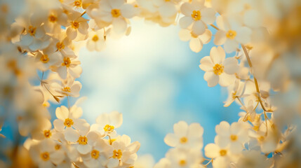 Aufkleber - White flowers with yellow centers create a natural frame around a blurred blue sky, illuminated by warm sunlight, evoking a serene springtime atmosphere