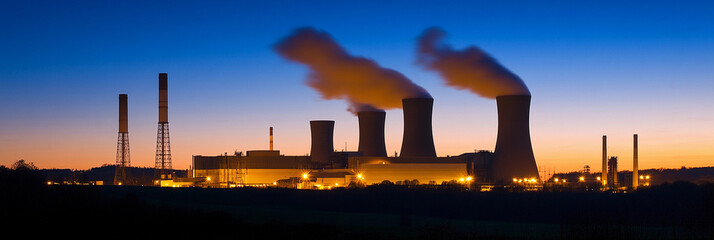 Poster - Sunset over industrial power plant with smoke emissions
