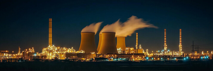 Poster - Power plant emits steam at night under illuminated skyline