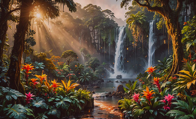 Poster - Waterfall is in the middle of a jungle. The waterfall is surrounded by trees and plants