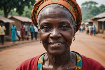 Close portrait of a smiling senior Burundian woman looking at the camera, Burundian city outdoors  blurred background