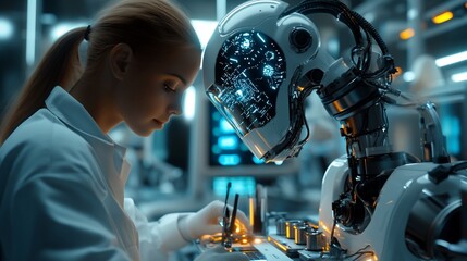Poster - Female scientist working with advanced robot in lab.