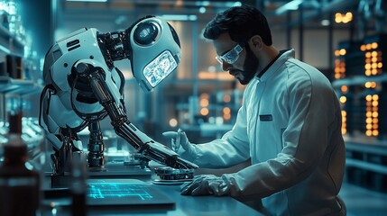 Poster - Scientist and robot collaborating in a futuristic lab.