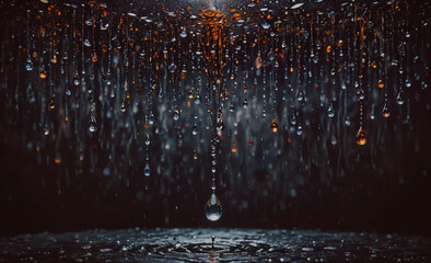 Poster - Large drop of water is hanging from the ceiling. There are many other drops of water in the air