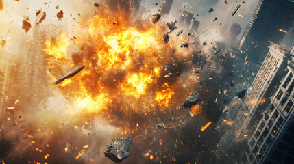 Poster - Huge explosion creating fire and debris destroying city buildings in a catastrophic disaster
