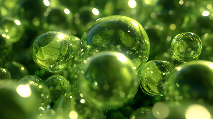 Leinwandbilder - multitude of green orbs, similar to water droplets or cells, gather in a clustered, abstract pattern