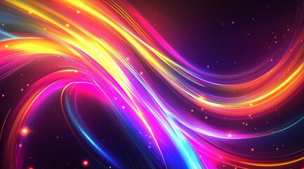 Poster - Abstract tech background in the form of colorful waves, consisting of a large number of digital connection lines. Bright neon and vibrating networks and neural connections