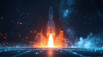 Poster - Futuristic spaceport launching low poly rocket with distant planet, symbolizing space exploration and technological progress