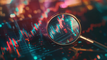 Leinwandbilder - Magnifying glass focusing on colorful financial charts displayed on a digital screen, symbolizing market analysis and investment strategy