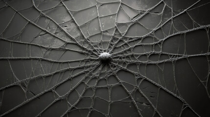 Poster - Spider web intricately spans across a dark grey surface with cracks, forming a mesmerizing texture