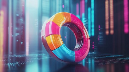 Poster - A 3D donut chart with vivid sections detaching from the circle, symbolizing data analysis, set in a modern, sleek digital space with floating numbers.