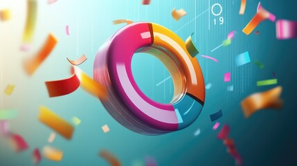 Poster - A 3D donut chart with vivid sections detaching from the circle, symbolizing data analysis, set in a modern, sleek digital space with floating numbers.