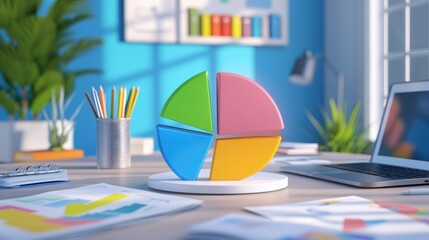 Poster - A 3D financial pie chart hovering above a business desk, representing revenue distribution, with documents and laptops surrounding it.