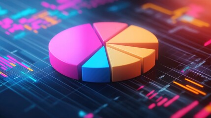 Poster - A 3D pie chart floating in a digital space with each segment vividly colored and detached, symbolizing data distribution and market analysis.