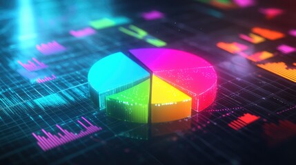 Poster - A 3D pie chart floating in a digital space with each segment vividly colored and detached, symbolizing data distribution and market analysis.