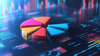 Poster - A 3D pie chart floating in a digital space with each segment vividly colored and detached, symbolizing data distribution and market analysis.