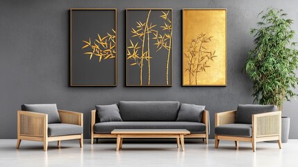 Wall Mural - handmade bamboo concept. A modern living room featuring stylish bamboo art, gray walls, and elegant wooden furniture, creating a serene and contemporary atmosphere.