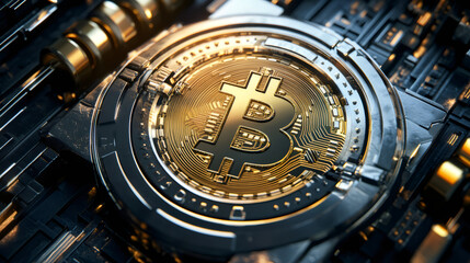 Aufkleber - Bitcoin emerging from a futuristic circuit board, showcasing the integration of cryptocurrency with advanced technology