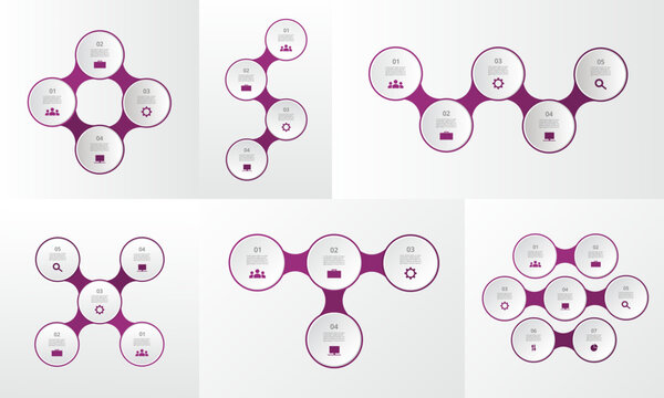 Set of creative violet infographic templates with 4, 5 and 7 options, parts, steps or processes.