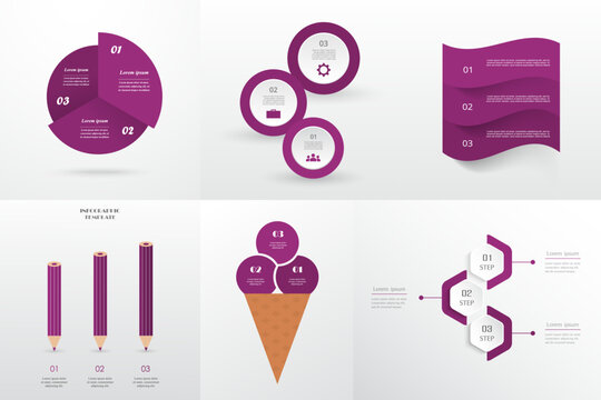 Set of creative violet infographic templates with 3 options, parts, steps or processes.
