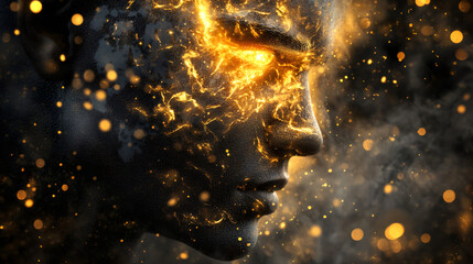 Aufkleber - Profile of a mysterious and powerful burning man face emerging from golden dust and smoke, creating a dramatic and surreal atmosphere