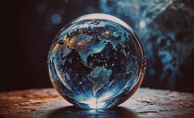 Poster - Globe is sitting on a table. The globe is clear and has a blue tint. The globe is the size of a basketball