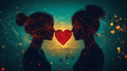 Poster - Two female profiles face each other, sharing a heart, symbolizing love and connection in a plexus design