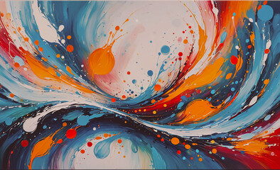 Poster - Painting with a blue and orange swirl. The swirl is made up of many different colors. There are also some yellow spots in the painting