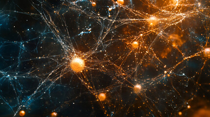 Poster - Neurons communicating through synapses, creating a intricate network reminiscent of a cosmic web of connected nodes