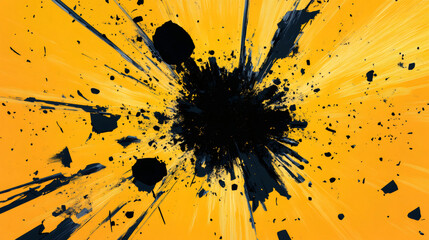 Poster - Dynamic and visually striking contrast: abstract explosion of black ink on vibrant yellow backdrop