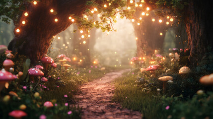 Poster - Enchanting fairytale scene: glowing string lights, mushrooms, and fireflies in a magical forest path at sunset