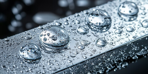 Aufkleber - Close up of bathtub faucet with water droplets reflecting light, creating shiny and textured surface. image captures intricate details and clarity of droplets.