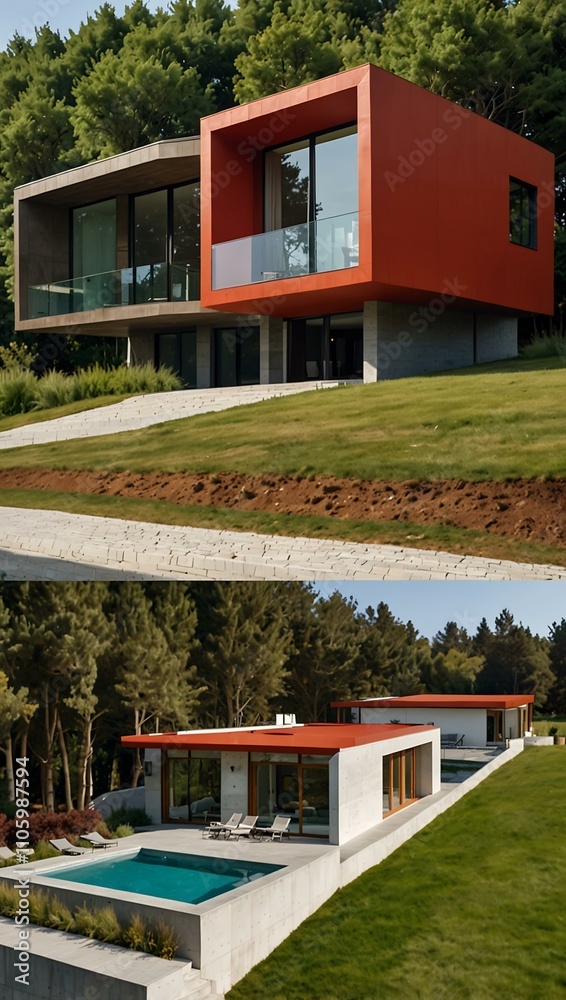 View of Eco-friendly home design with modern architecture and red roofs. Stock ...