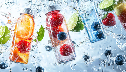 Aufkleber - vibrant splash of sports drinks with fresh fruits like berries and citrus, creating refreshing and energetic scene. colorful composition highlights dynamic movement of water and fruit.