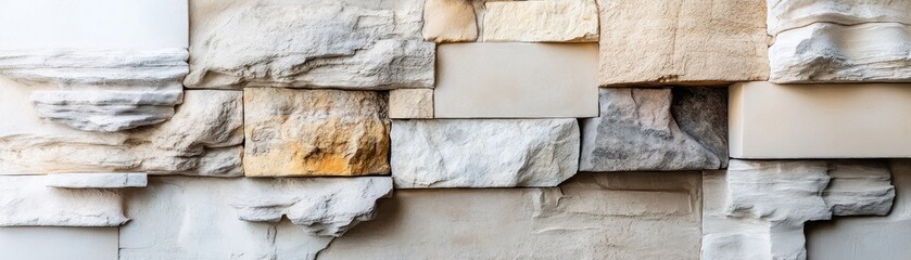 Poster - Textured stone wall featuring various shapes and colors for architectural design.