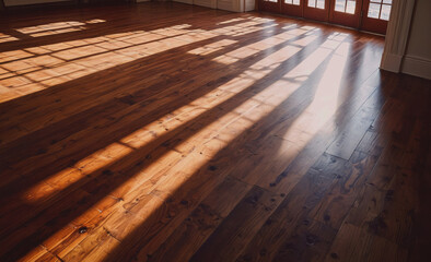 Poster - Room with wooden floors and a window. The floor is shining in the sun. There is a shadow on the floor