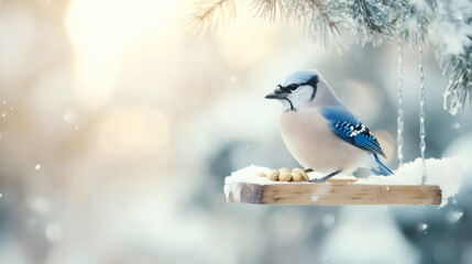 Wall Mural - blue jay on a snowy feeder, feasting on peanuts and enjoying the serene winter scene with its colorf