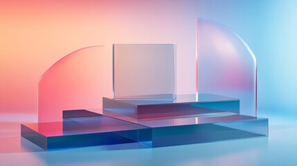 Poster - A minimal glass podium with 3D-rendered hipster abstract shapes, set against a soft gradient background