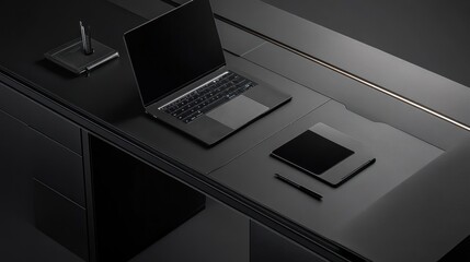Aufkleber - Modern Dark Desk Setup With Laptop And Tablet
